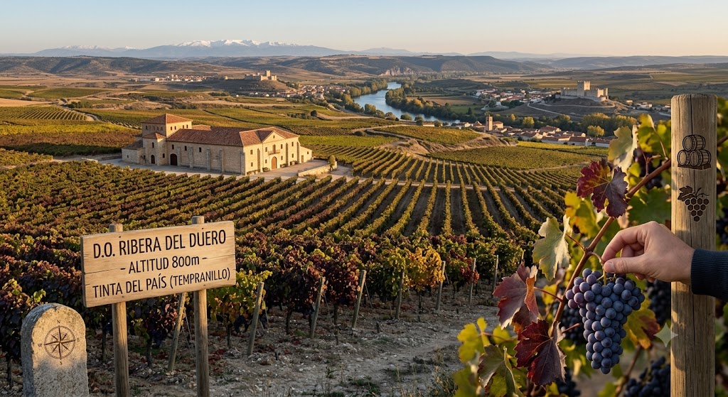 Viñedos de Tempranillo en Ribera del Duero con paisaje de meseta castellana