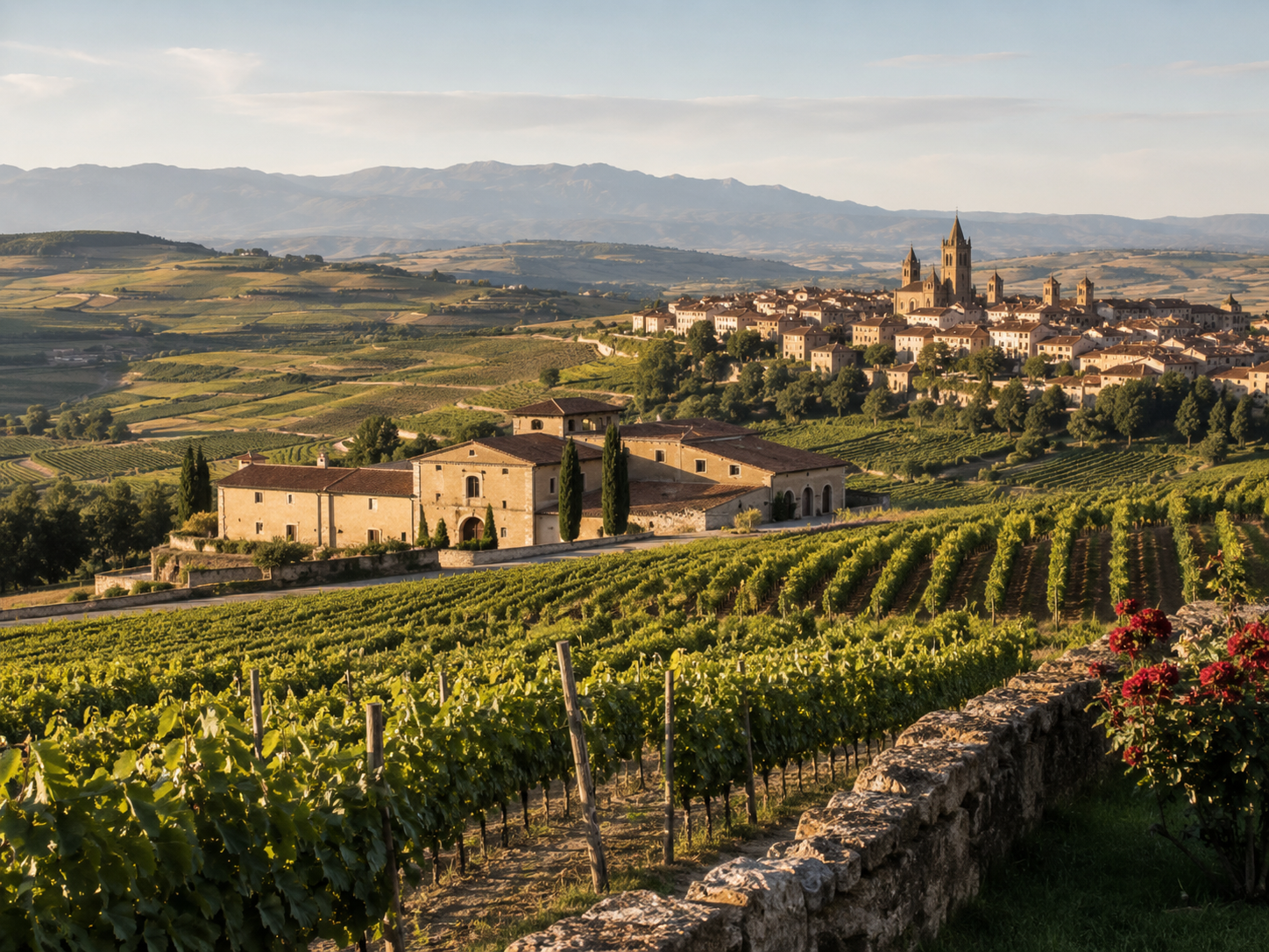Viñedos de Rioja Alta con colinas, pueblos históricos y montañas al fondo