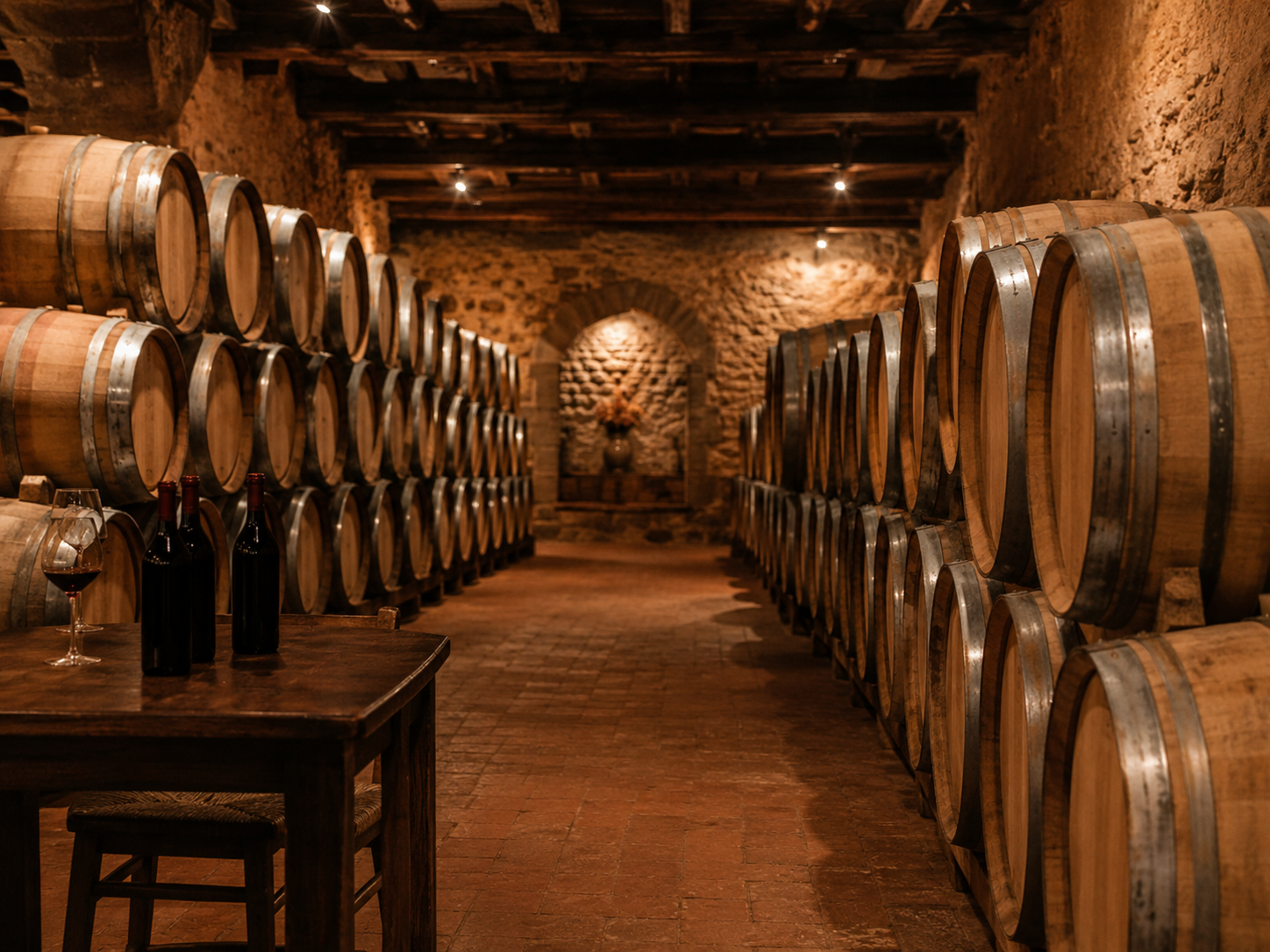 Bodega riojana con barricas de roble y botellas en crianza