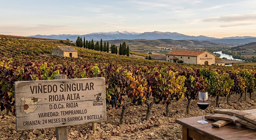Viñedos de Rioja con paisaje de ladera y tradición de crianza