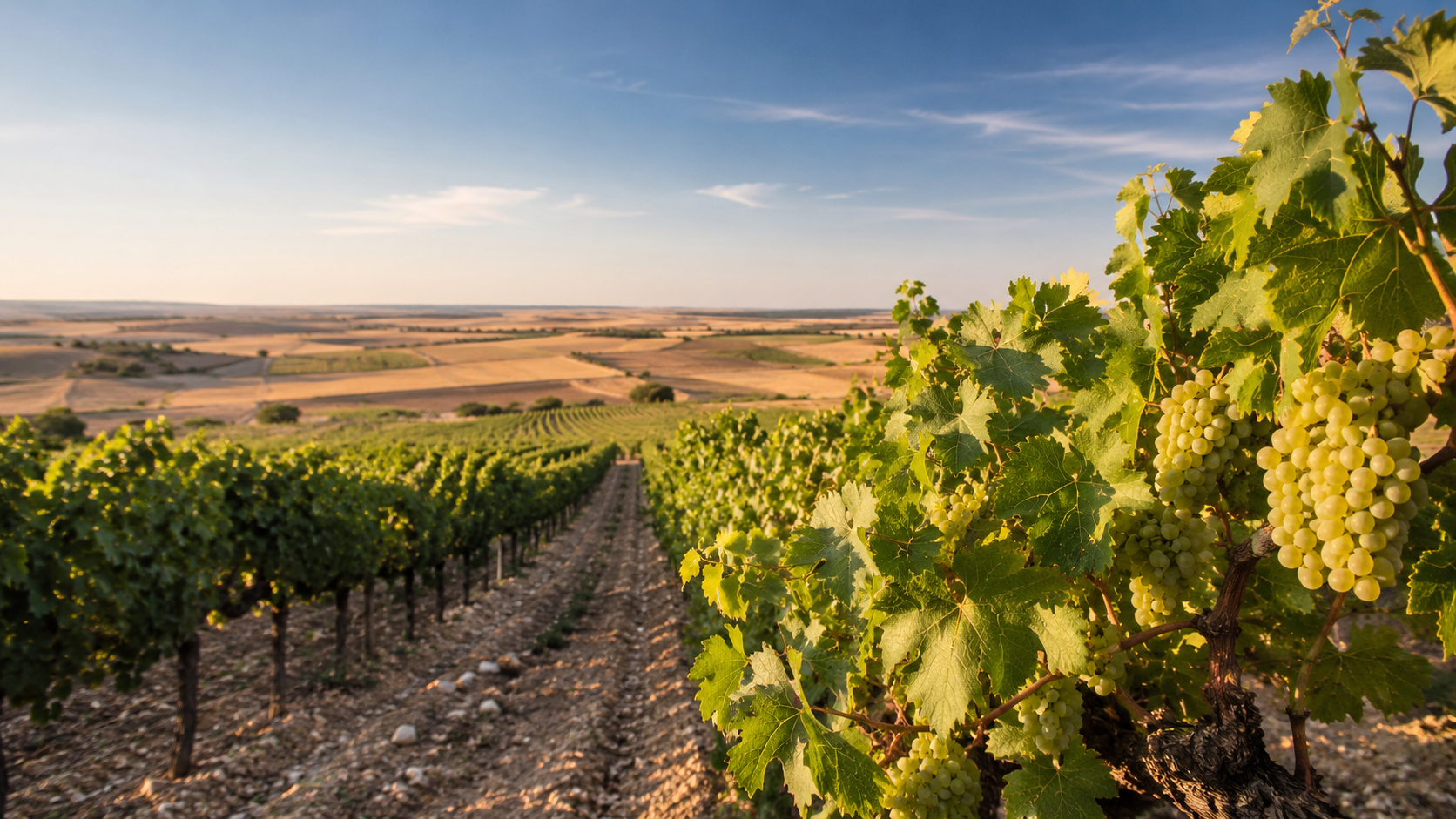 Viñedos de Verdejo en la D.O. Rueda con paisaje de Castilla y León