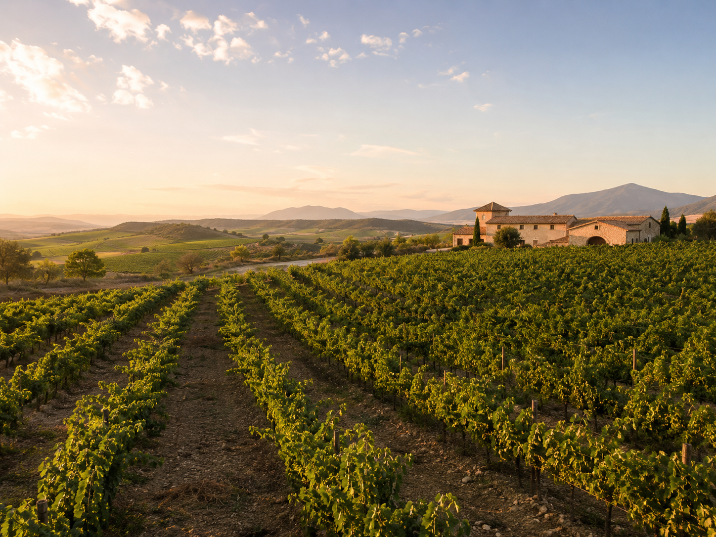 Viñedos de Valles de Sadacia en el este de La Rioja con paisaje del valle del Ebro