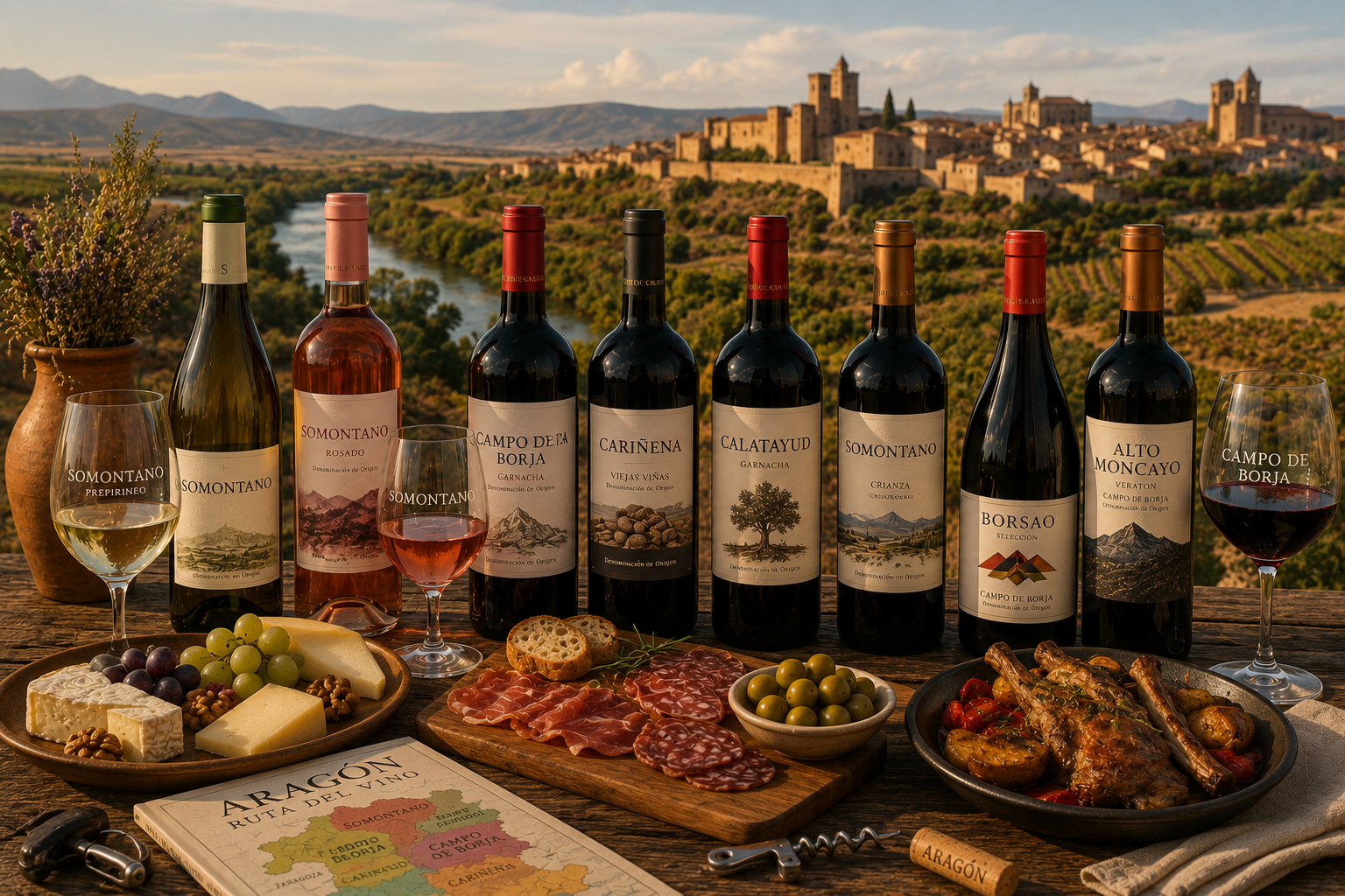 Mesa con vinos de Aragón, ternasco, migas, queso, embutidos y platos de cocina aragonesa