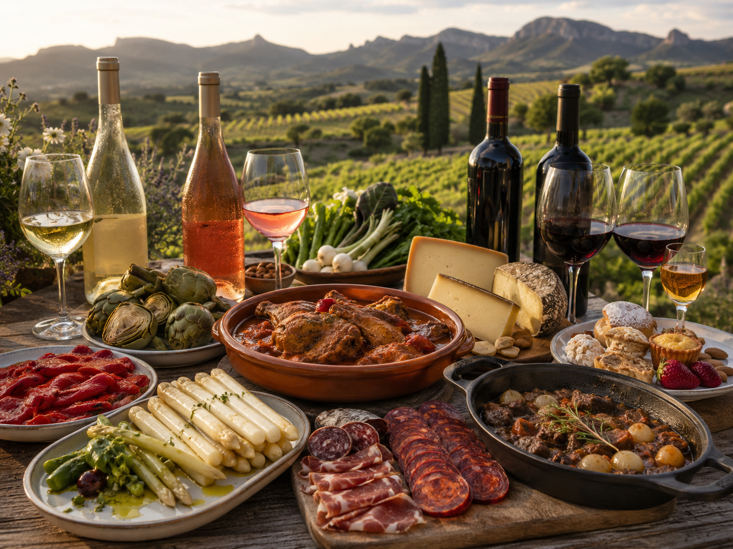 Mesa navarra con rosado, tintos, blancos, espárragos, alcachofas, pimientos, cordero, quesos y guisos