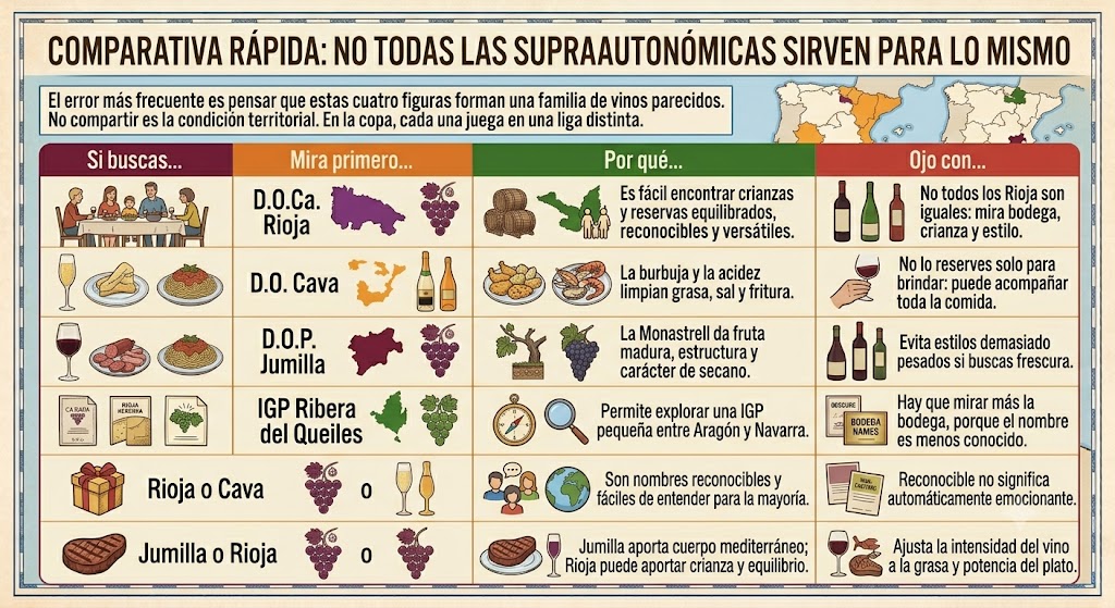 Mesa con vinos supraautonómicos españoles y platos para maridar