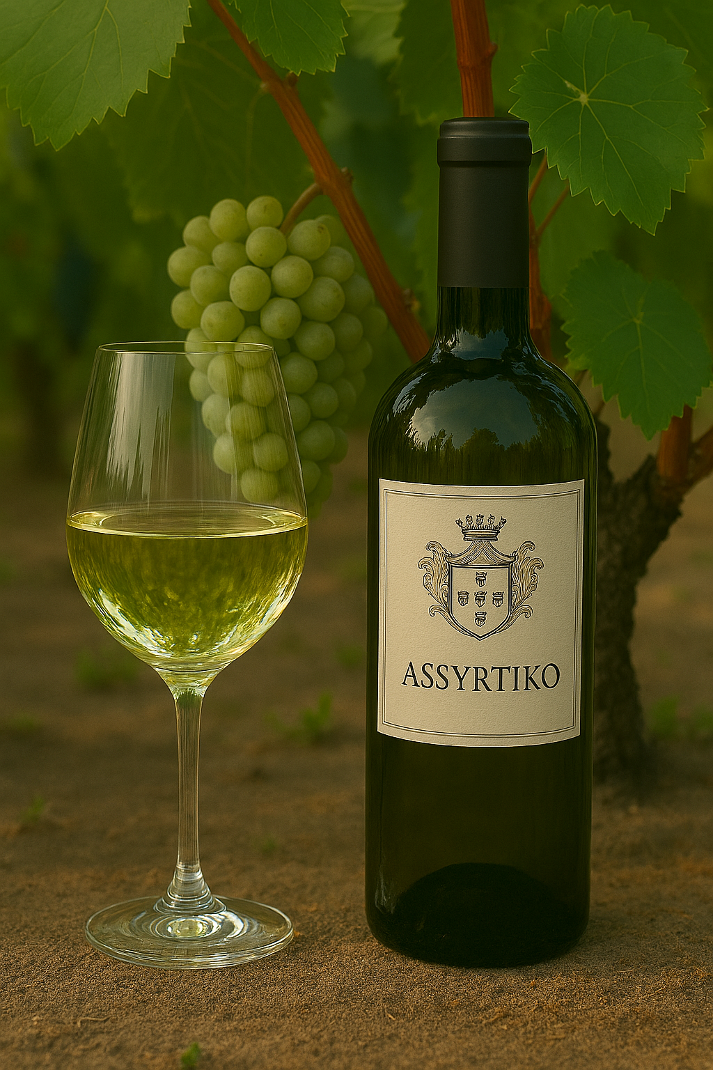Copa de Assyrtiko seco color amarillo pálido con reflejos verdosos y brillo cristalino