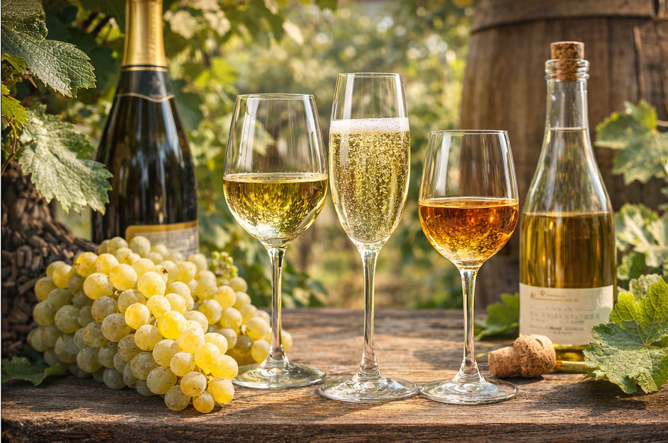 Tres copas mostrando la versatilidad del Chenin Blanc: seco, dulce y espumoso