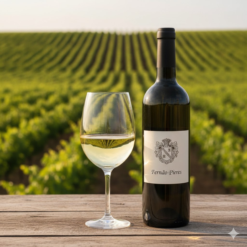 Copa de Fernão Pires joven color amarillo pálido con reflejos verdosos