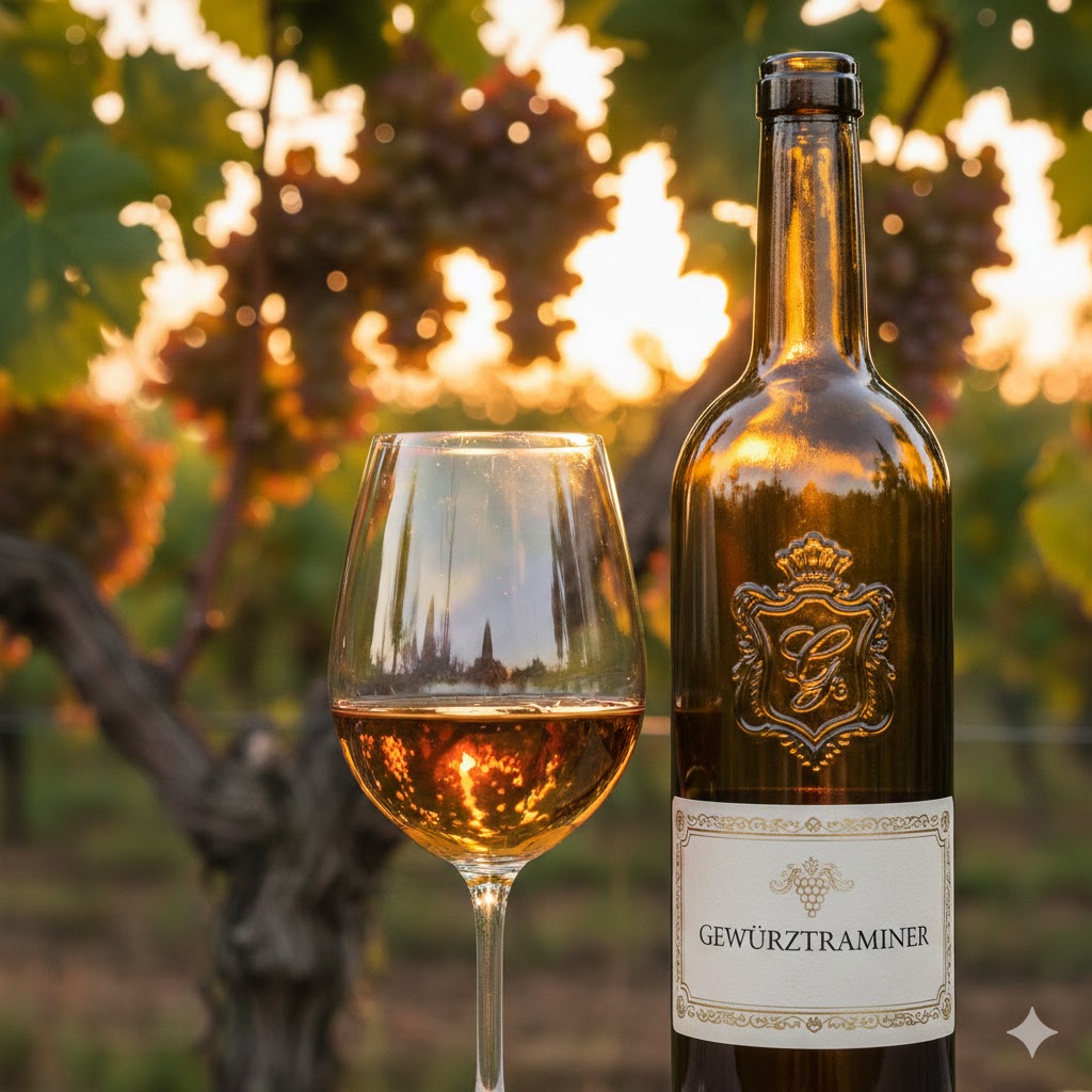 Copa de Gewürztraminer color dorado intenso con reflejos rosados