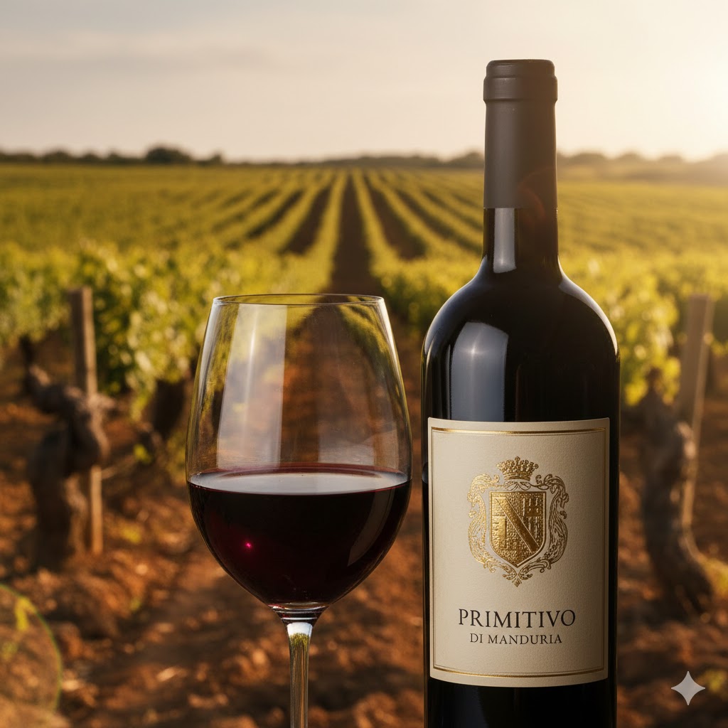 Copa de Primitivo di Manduria color granate profundo con reflejos violáceos