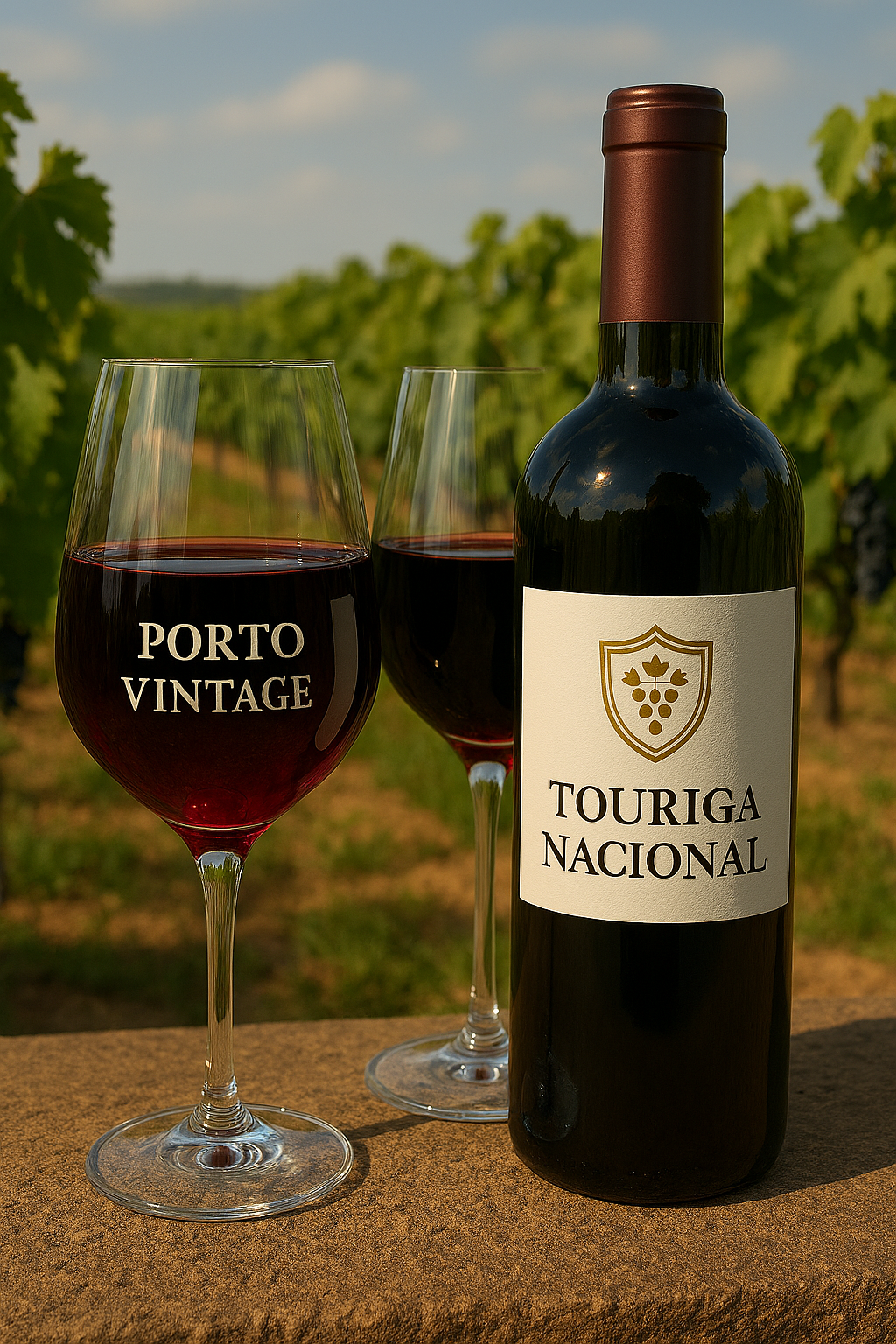 Copa de Oporto Vintage y copa de tinto del Douro, mostrando el rango de la Touriga Nacional