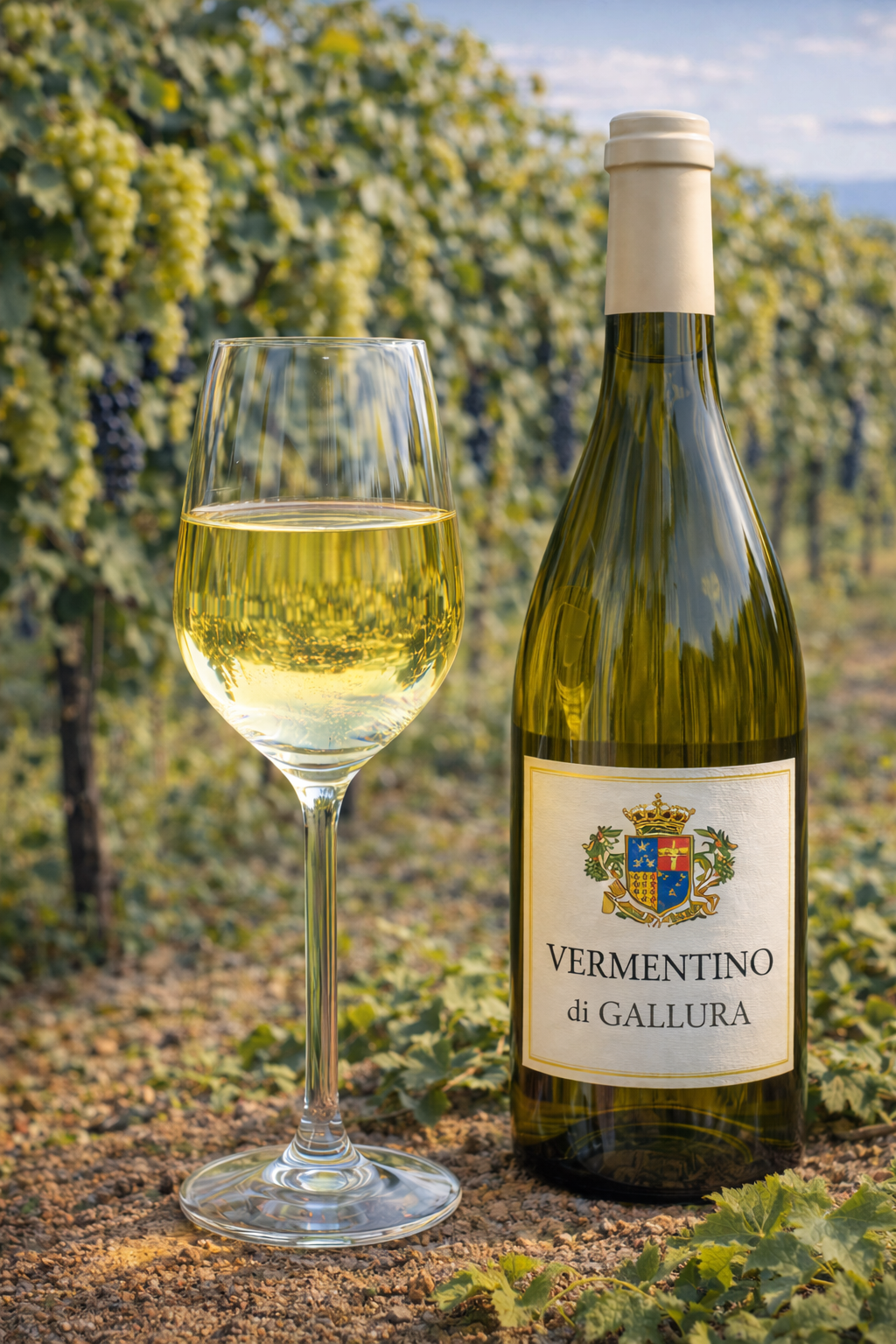 Copa de Vermentino di Gallura color amarillo pajizo con reflejos verdosos