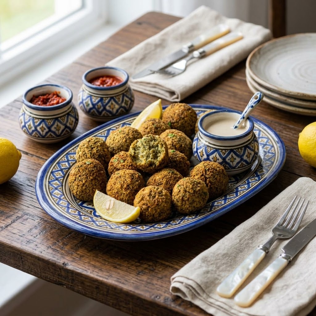 Falafel en freidora de aire servido con salsa y ensalada