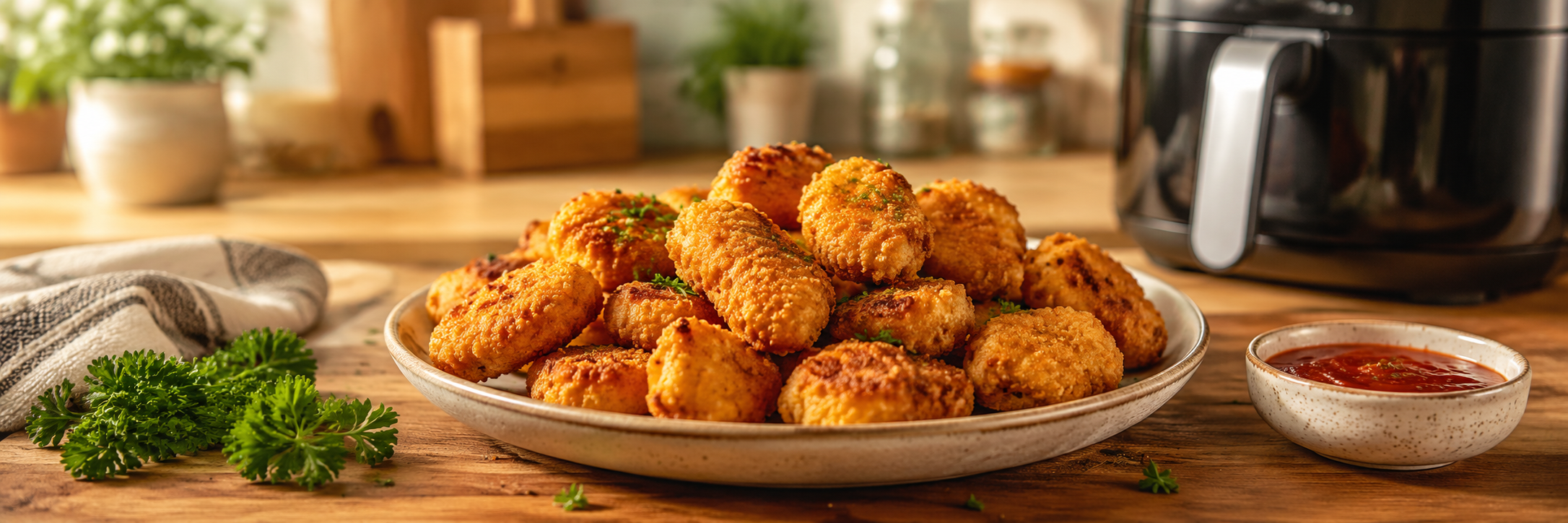 Nuggets caseros dorados cocinados en freidora de aire
