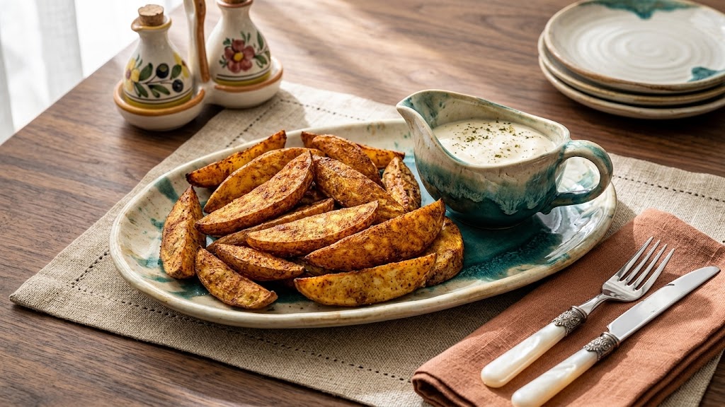 Patatas gajo especiadas en freidora de aire servidas con salsa