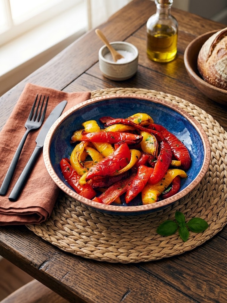 Pimientos asados en freidora de aire servidos en tiras con aceite de oliva