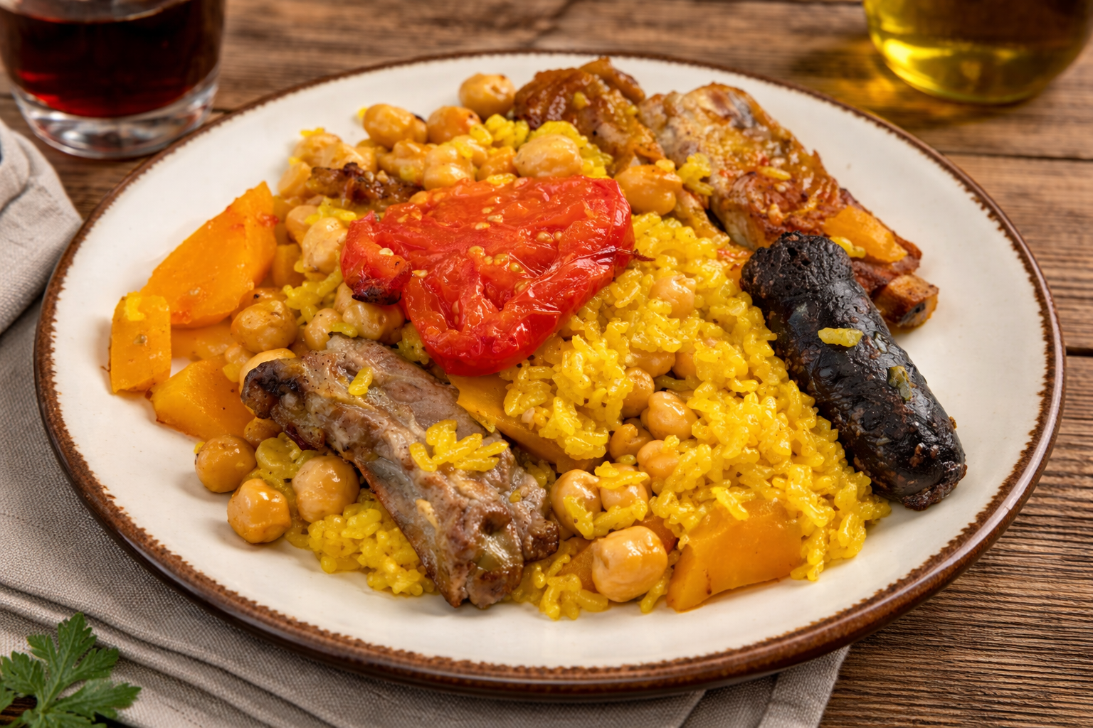 Arroz al horno terminado con costra dorada, mostrando las carnes y patatas asadas