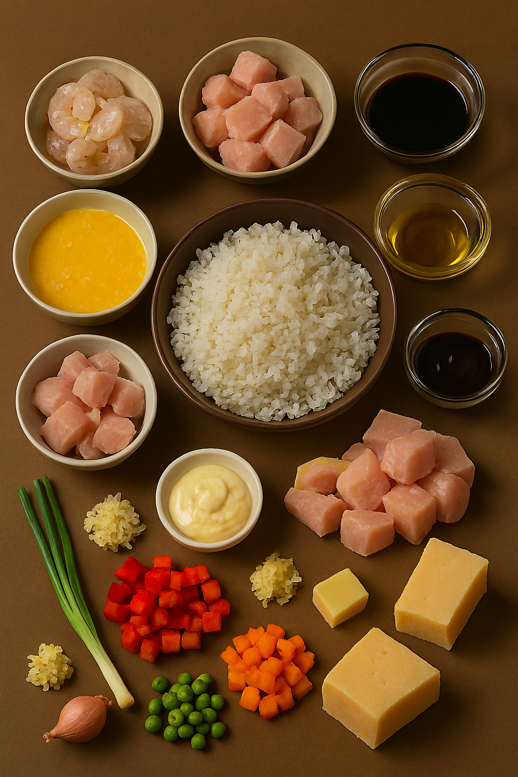 Ingredientes para arroz chaufa: arroz del día anterior, pollo, huevos, cebolla china, salsa de soja, vegetales