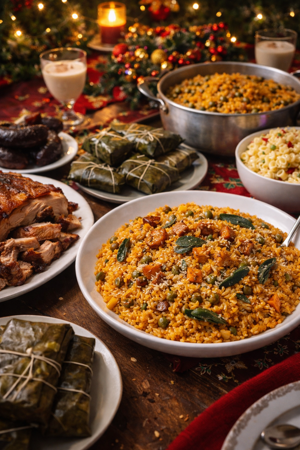 Arroz con gandules servido en mesa navideña junto a pernil, pasteles y decoraciones festivas
