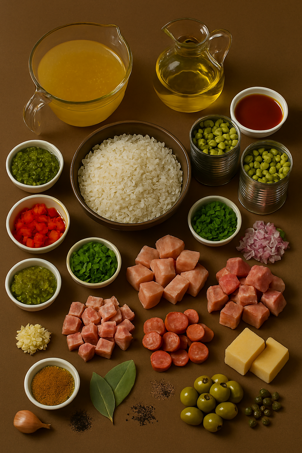 Ingredientes para arroz con gandules: arroz, gandules verdes, sofrito, achiote, carnes y especias