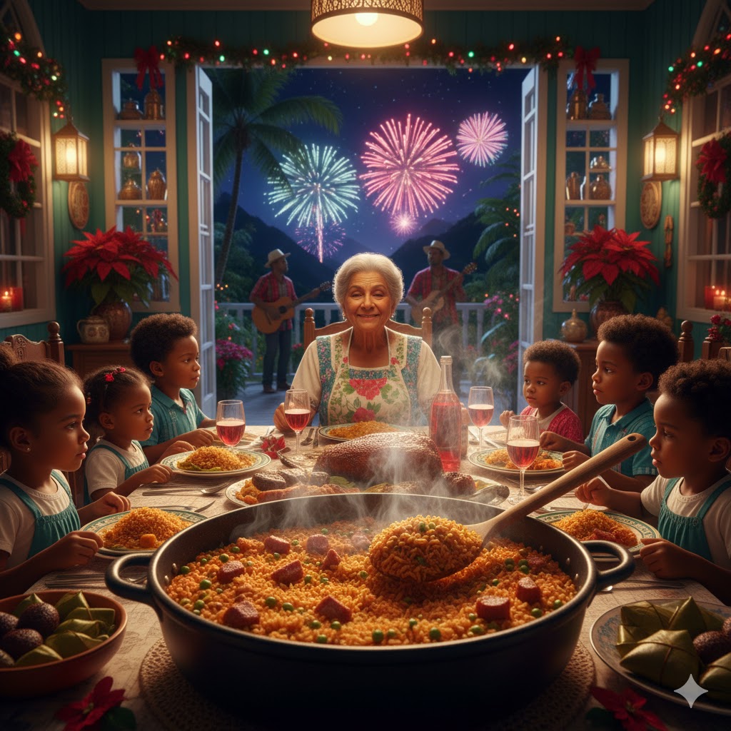 Celebración navideña puertorriqueña con familia reunida alrededor de mesa llena de comida tradicional