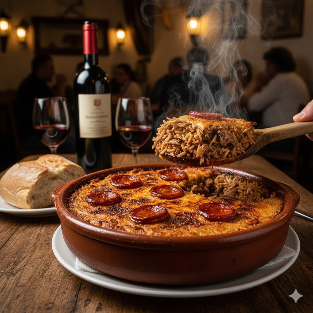 Arroz de pato gratinado con chorizo servido en mesa portuguesa con vino tinto y pan rústico