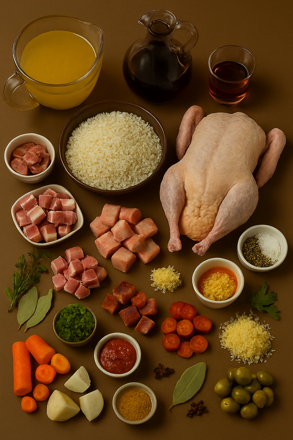 Ingredientes para arroz de pato portugués: pato, arroz carolino, chorizo, vino tinto y especias