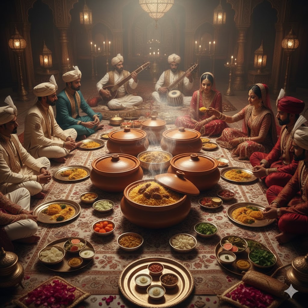 Banquete mogol con Biryani como plato central en un dastarkhwan (mantel tradicional)