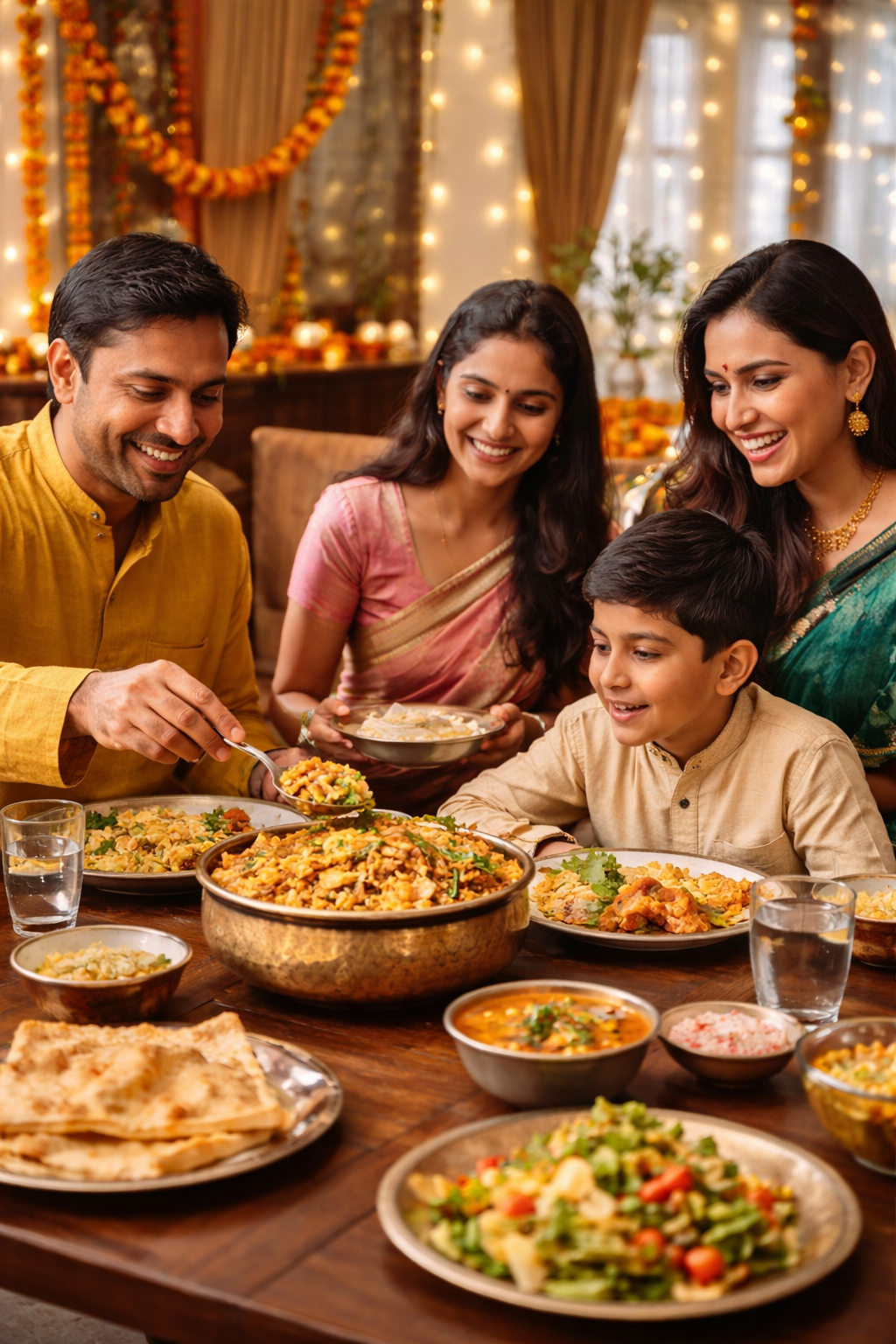 Familia india compartiendo biryani de pollo en casa durante una celebración