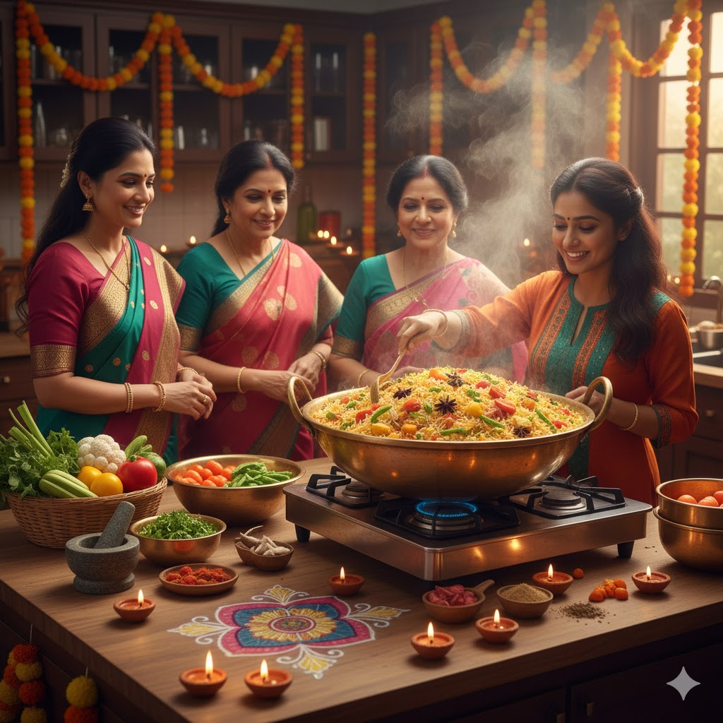 Preparación de biryani vegetal durante el festival de Diwali con decoraciones tradicionales