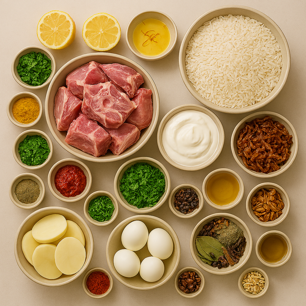 Ingredientes para Biryani: arroz basmati, especias, cordero, cebollas y hierbas frescas