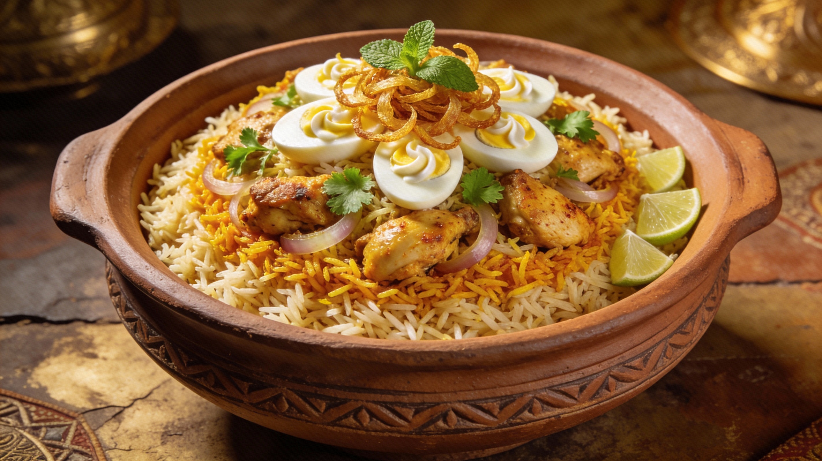 Biryani de pollo dorado con azafrán en cazuela de barro, decorado con huevo duro y hierbas