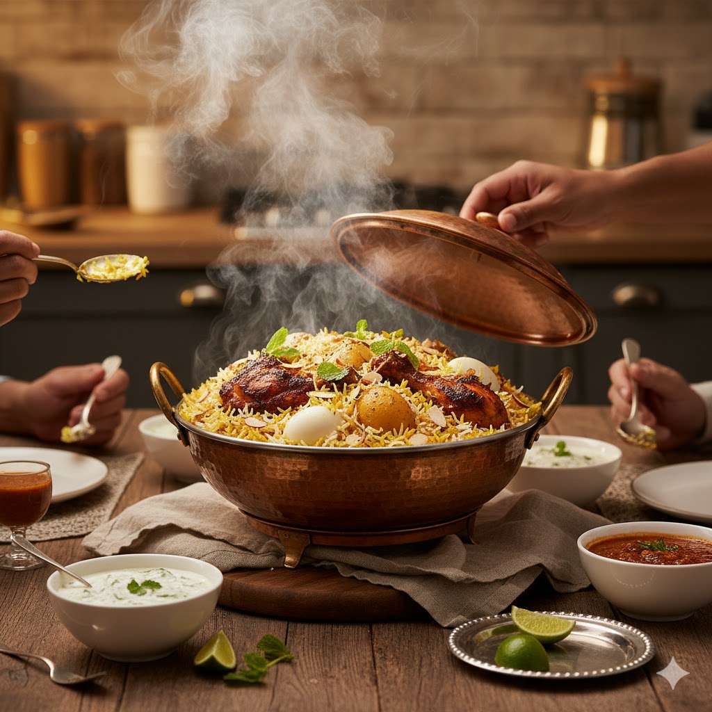 Biryani de pollo servido en plato hondo con hierbas, frutos secos y raita al lado