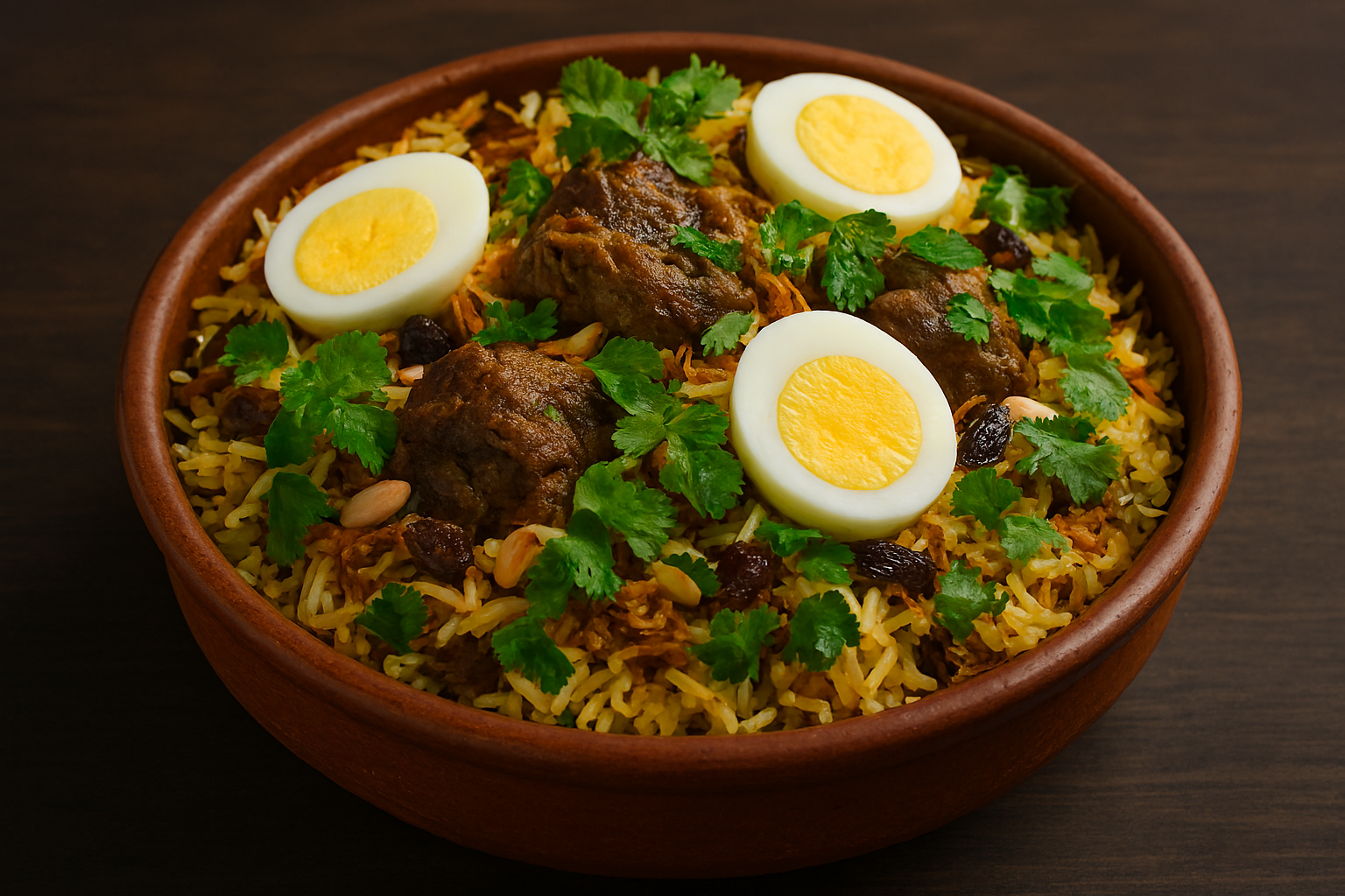 Biryani de cordero presentado en cazuela de barro con huevos duros y hierbas decorativas