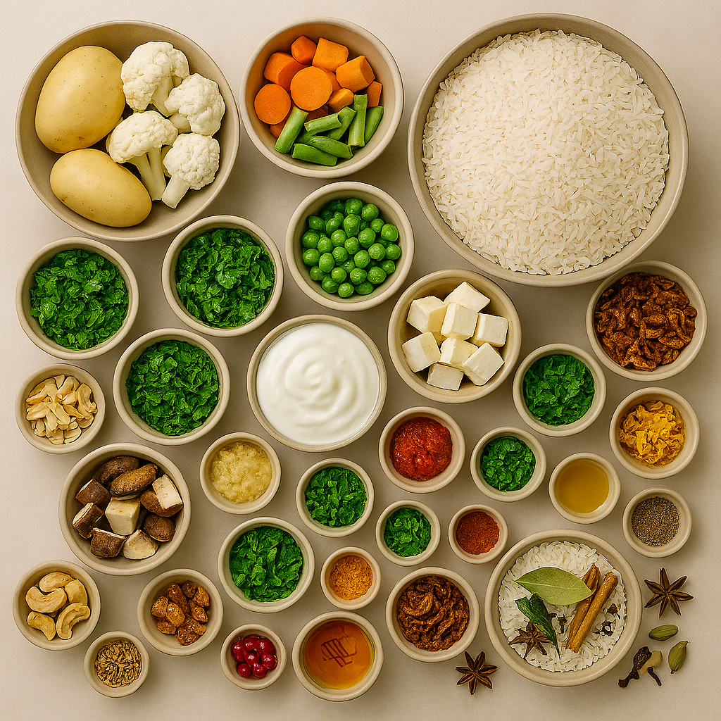 Verduras coloridas para biryani vegetal: coliflor, zanahorias, guisantes, paneer y especias