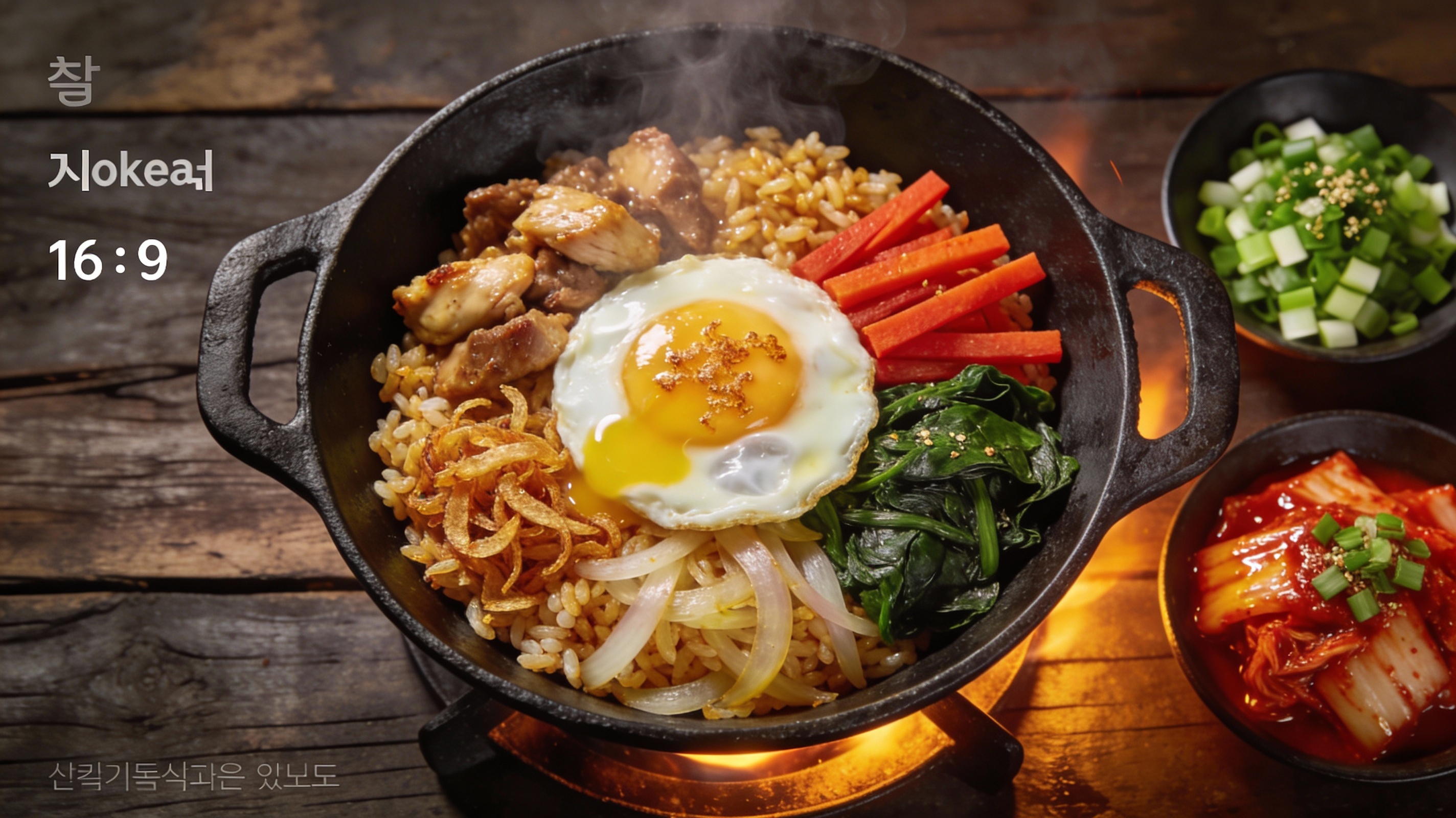 Bokkeumbap coreano humeante en sartén de hierro fundido con huevo frito y kimchi al lado