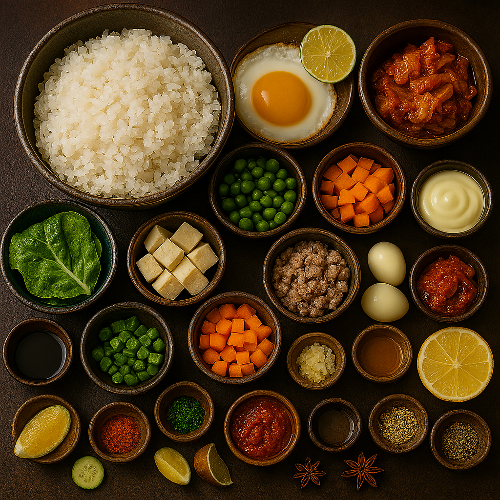 Ingredientes típicos para bokkeumbap: arroz coreano, kimchi, gochujang, huevos y verduras