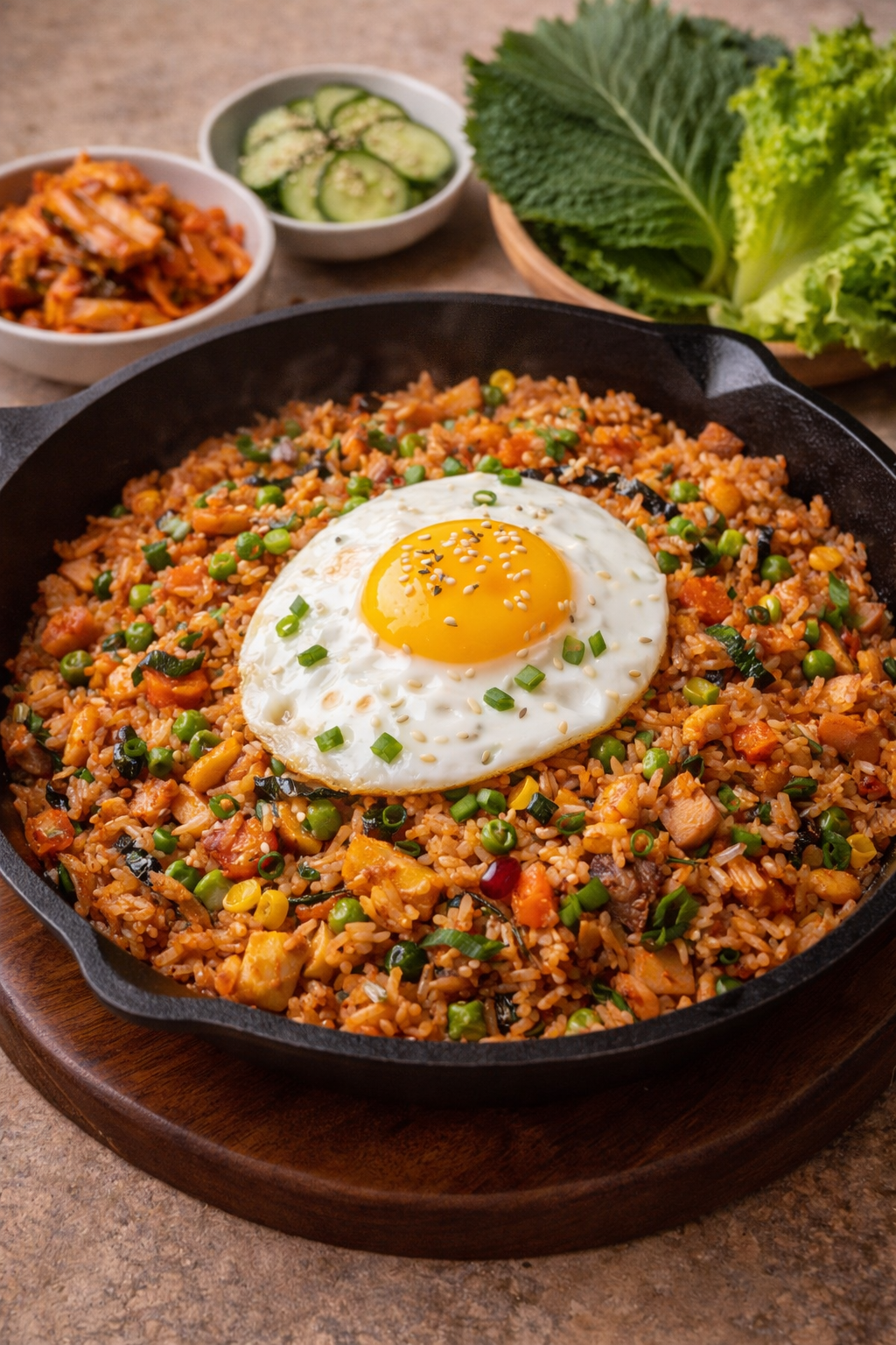 Bokkeumbap servido directamente en la sartén caliente con huevo frito encima