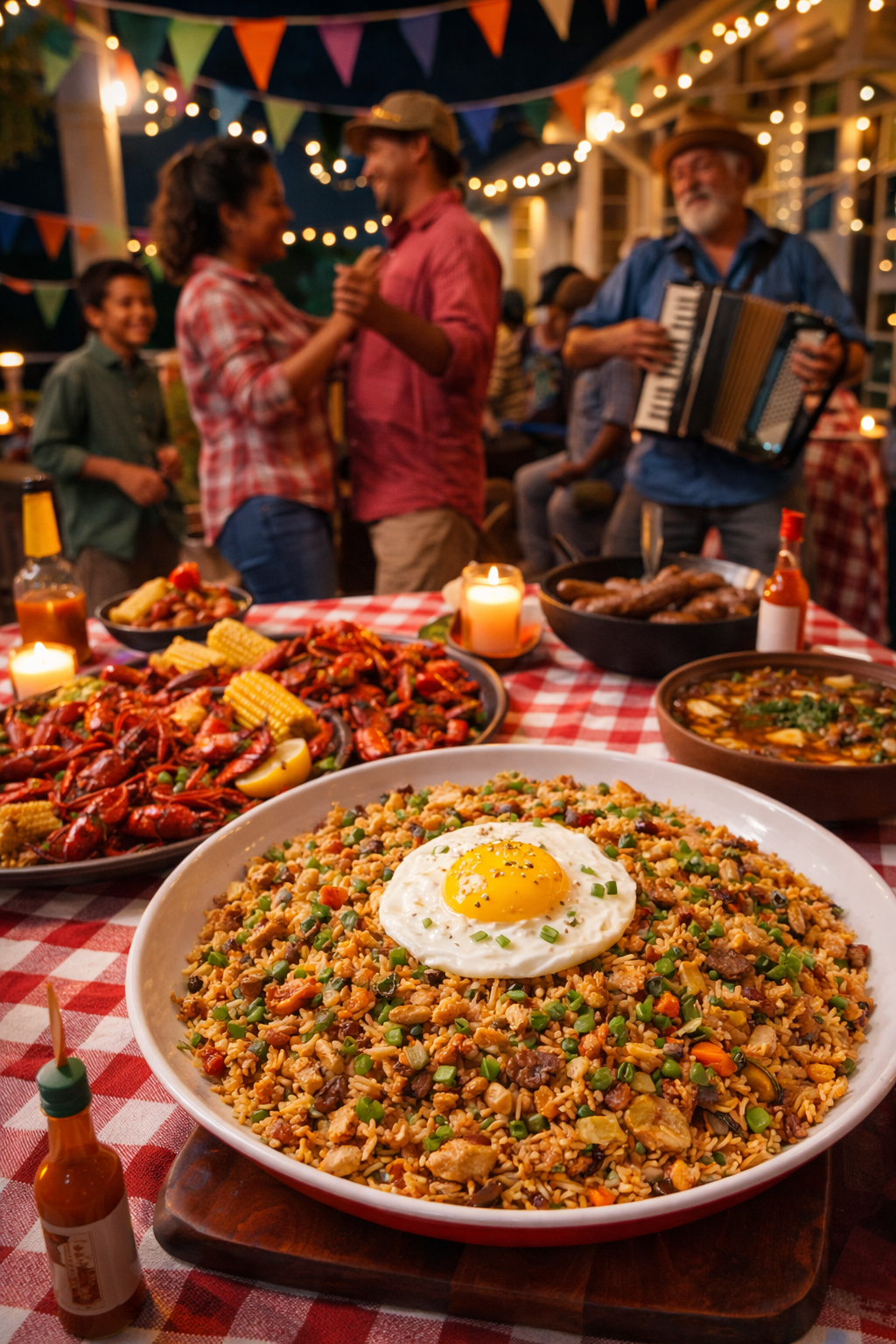 Reunión familiar cajun con Dirty Rice, música zydeco y decoraciones festivas