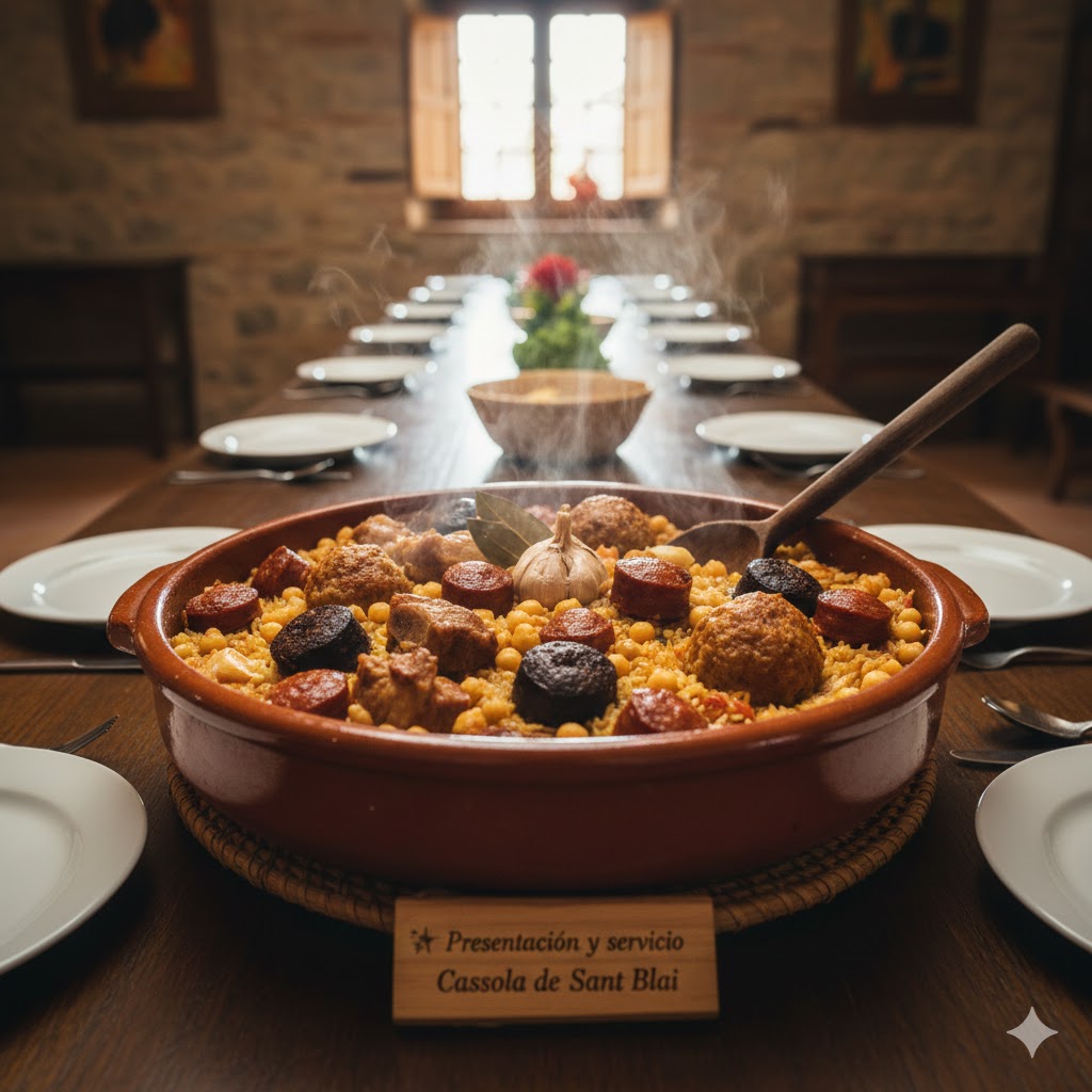 Cassola de Sant Blai servida en cazuela de barro, arroz al horno con embutidos y garbanzos