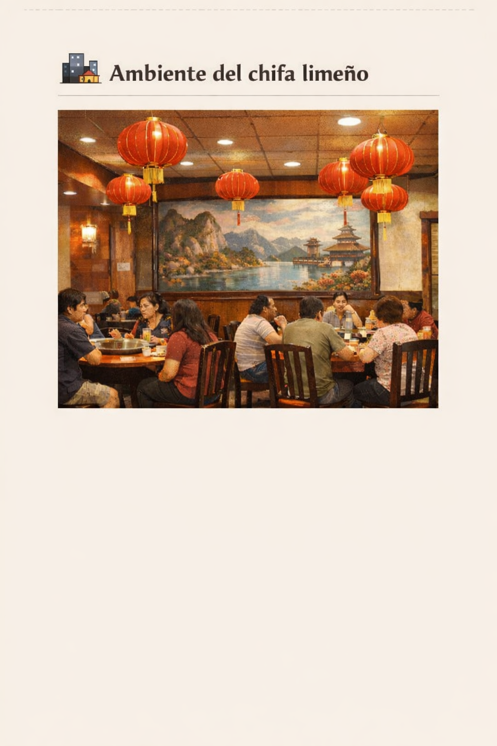 Interior típico de un restaurante chifa en Lima con faroles rojos