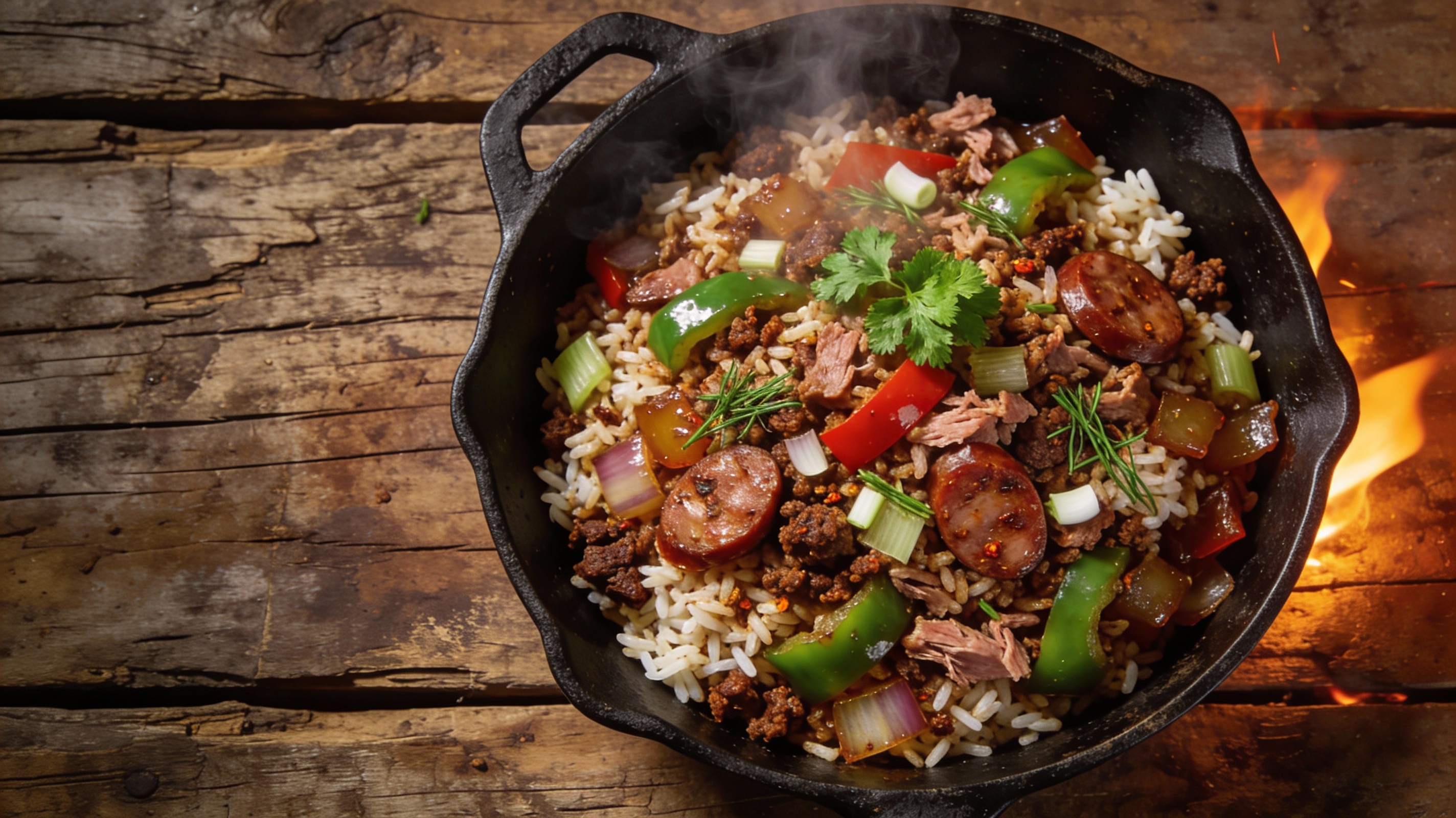 Dirty Rice cajun humeante en sartén de hierro fundido con hierbas frescas