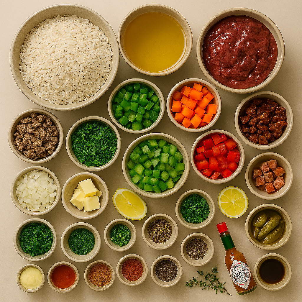 Ingredientes para Dirty Rice: holy trinity, carnes, arroz y especias cajun