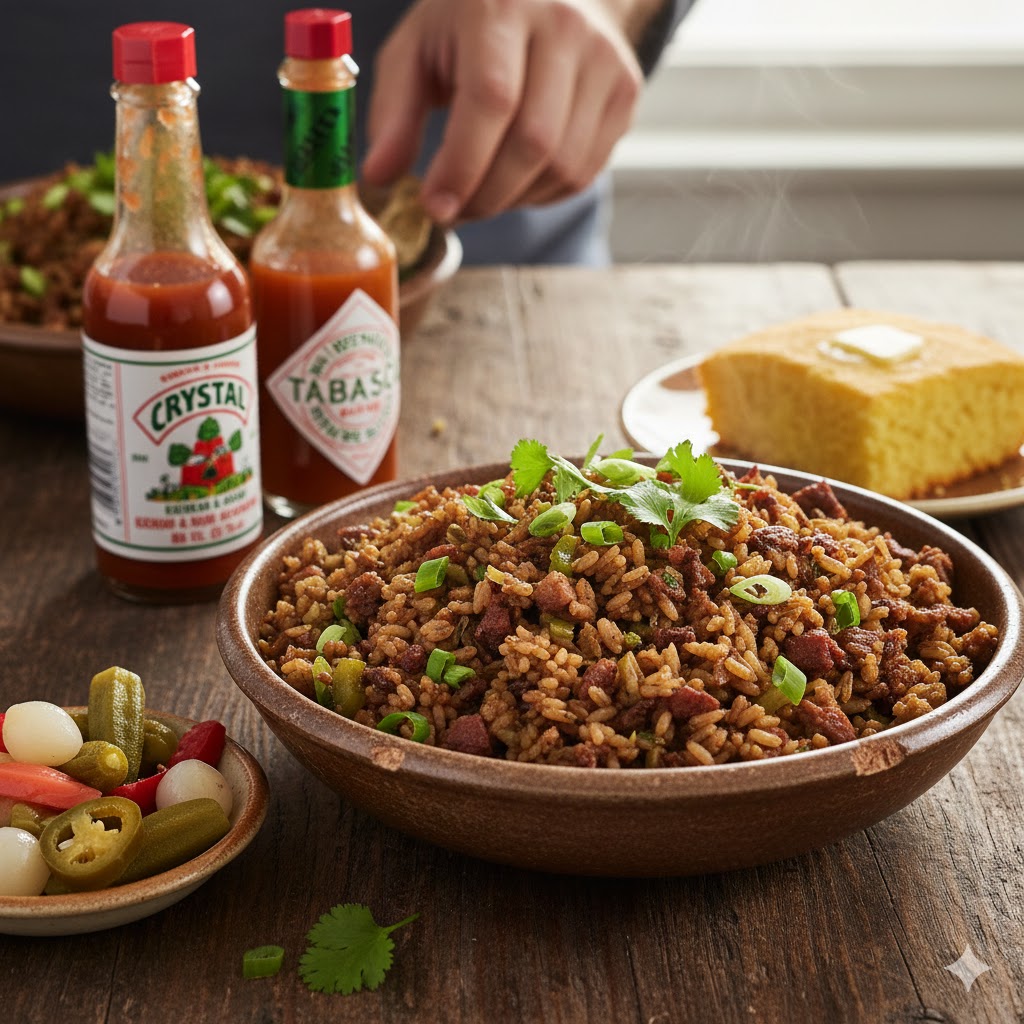 Dirty Rice servido en cuenco de barro con hierbas frescas y hot sauce al lado