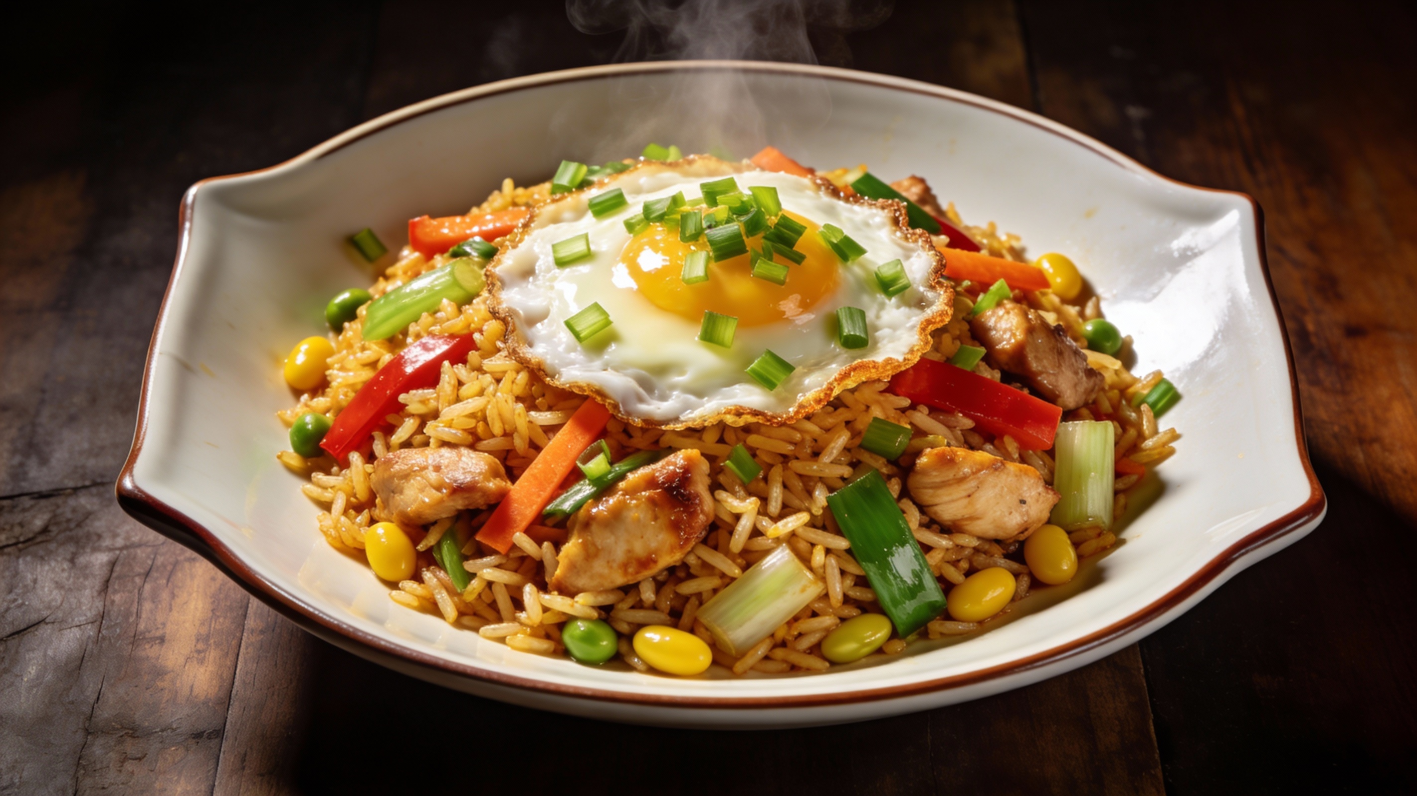 Fried Rice peruano-chino servido en plato de cerámica con huevo frito encima y cebollín fresco