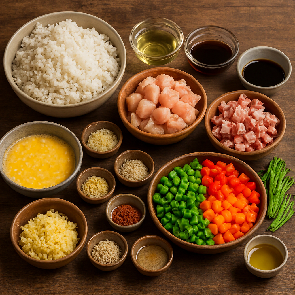 Ingredientes para Fried Rice: arroz frío, pollo, cebolla china, huevos y salsas