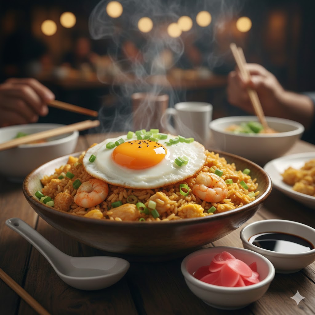 Fried Rice servido en plato hondo con cebollín y huevo frito decorativo