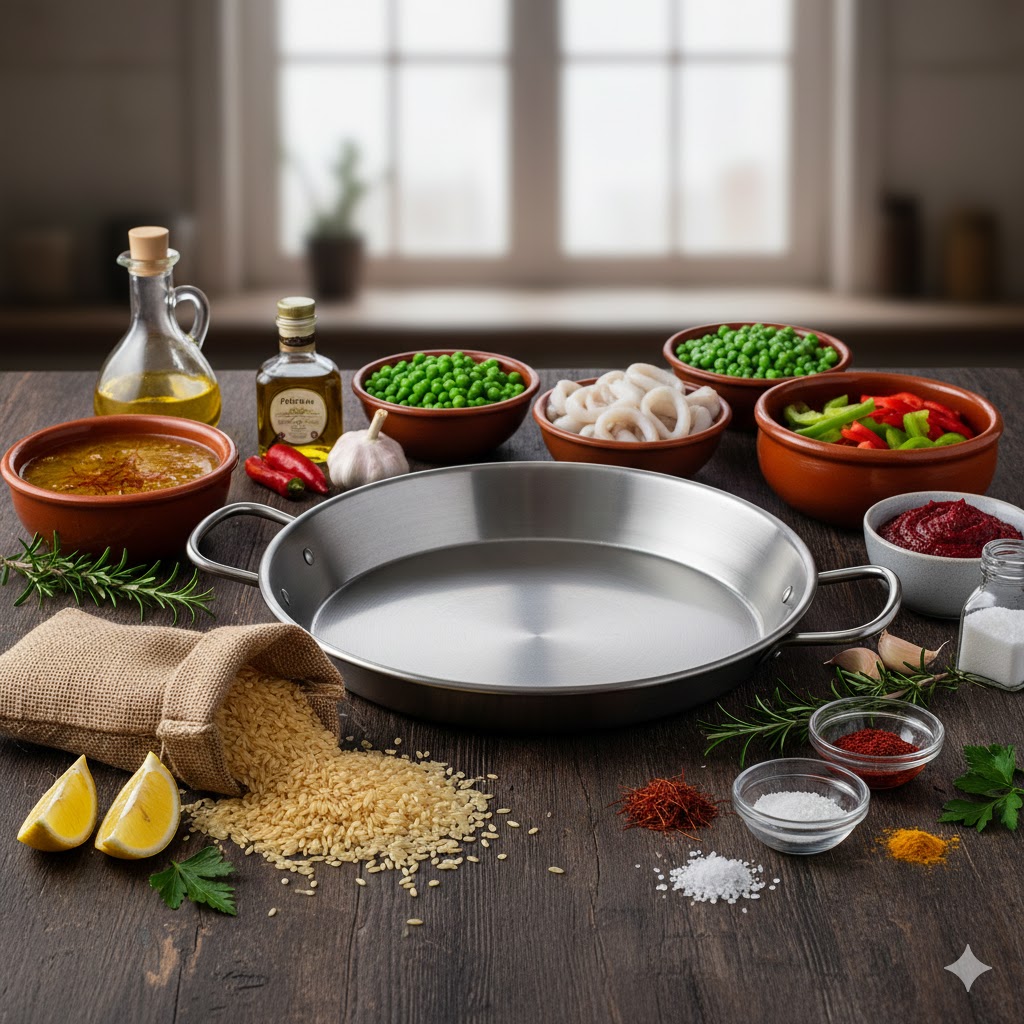 Ingredientes para paella: calamares, arroz bomba, guisantes, especias