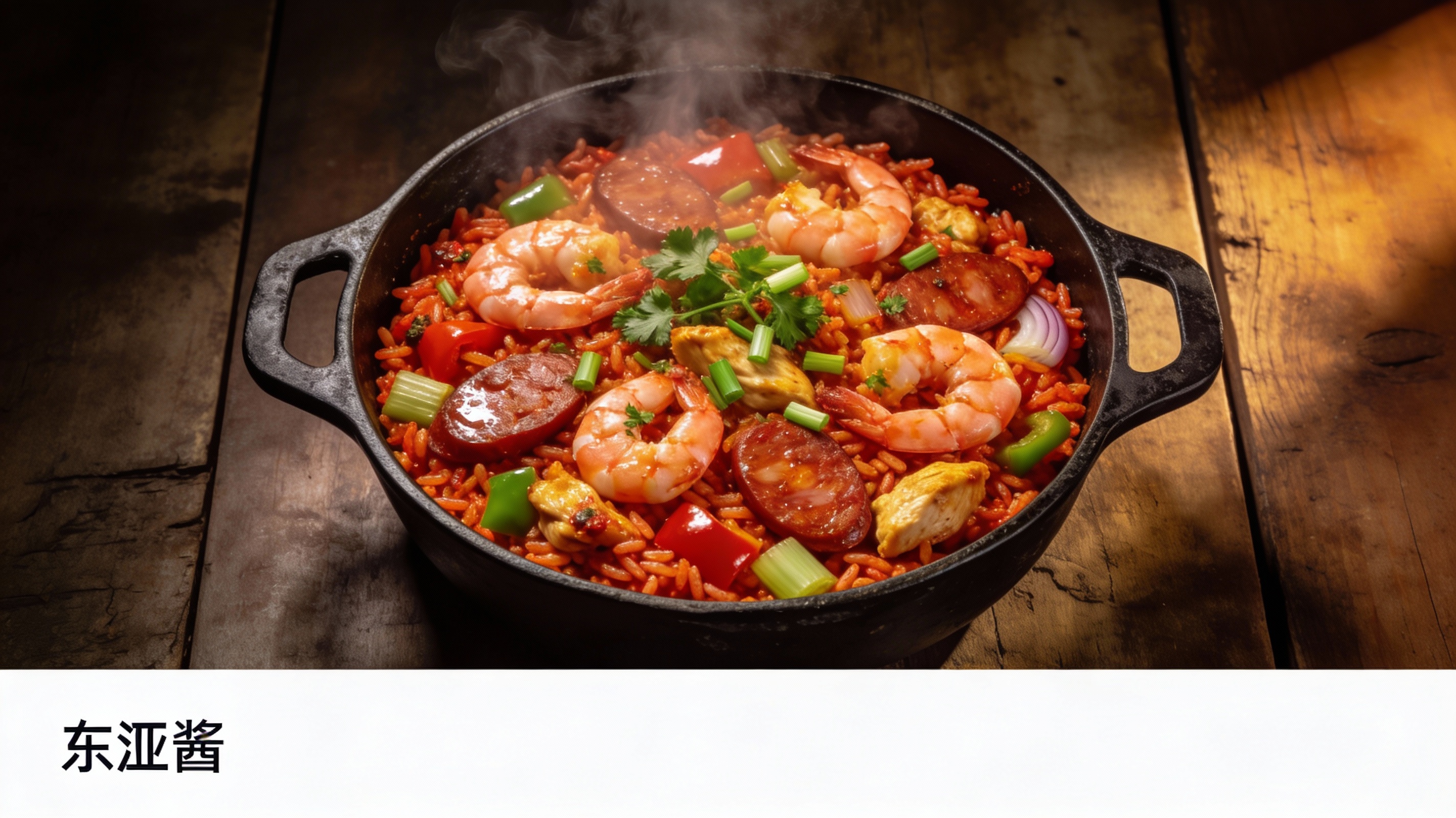 Jambalaya humeante en olla de hierro fundido con camarones, salchicha y pollo