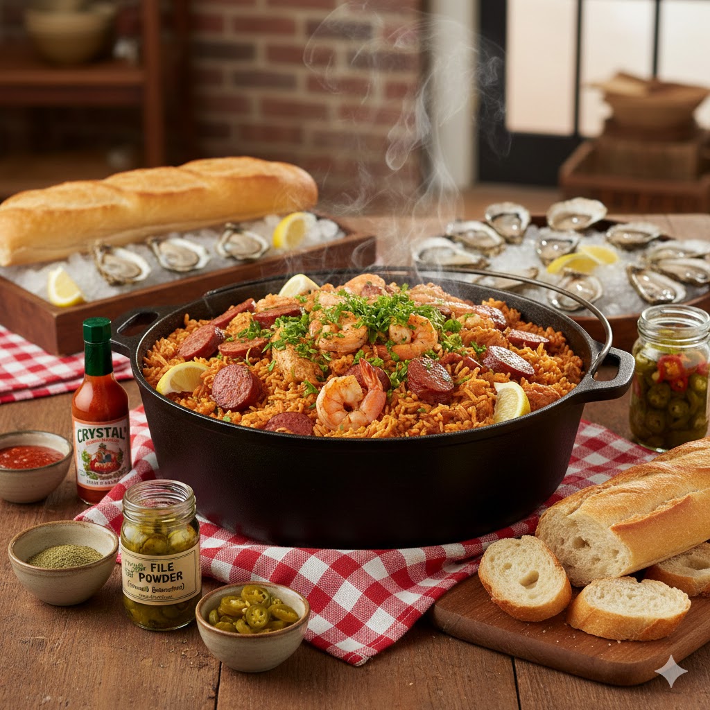 Jambalaya servido en grandes cuencos con hierbas frescas y limón al lado